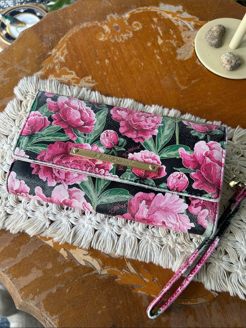 Betsey Johnson Pink Peony Trifold Wristlet
